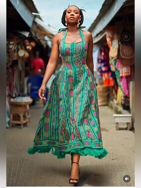 Nigerian brand Maxi dress 
Fabric is like woolen cotton
